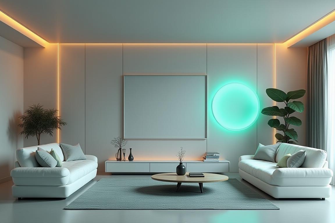 Minimalist, teknolojik bir akıllı evin modern oturma odası